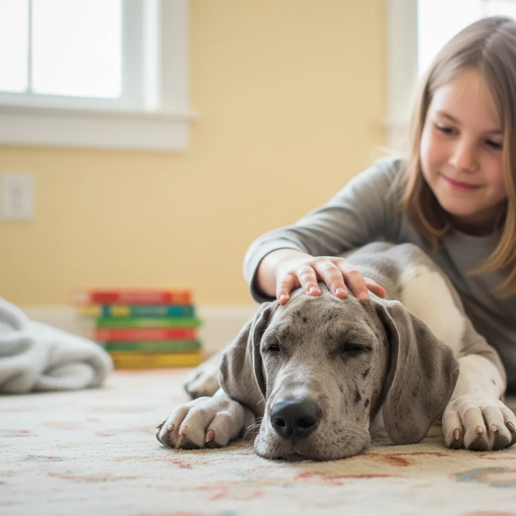 Enfant caressant doucement la tête d'un jeune dogue allemand couché, sourire timide, interaction positive et confiance mutuelle
