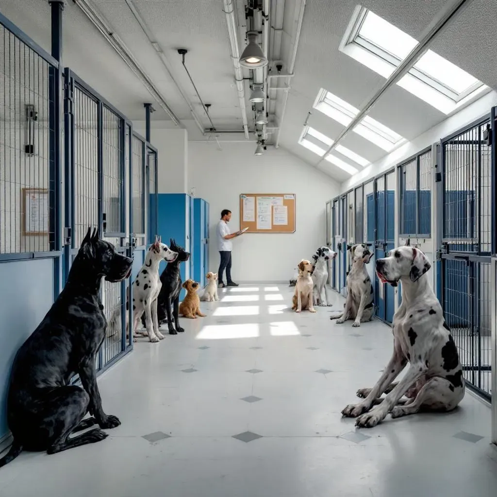 Élevage professionnel de dogues allemands avec installations modernes et chiens de différentes couleurs